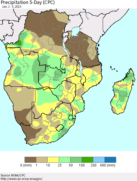 Southern Africa Precipitation 5-Day (CPC) Thematic Map For 1/1/2023 - 1/5/2023