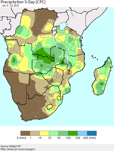 Southern Africa Precipitation 5-Day (CPC) Thematic Map For 1/6/2023 - 1/10/2023