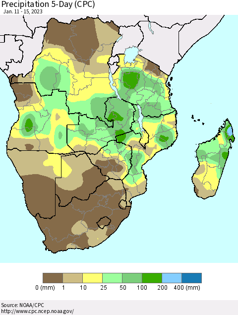 Southern Africa Precipitation 5-Day (CPC) Thematic Map For 1/11/2023 - 1/15/2023