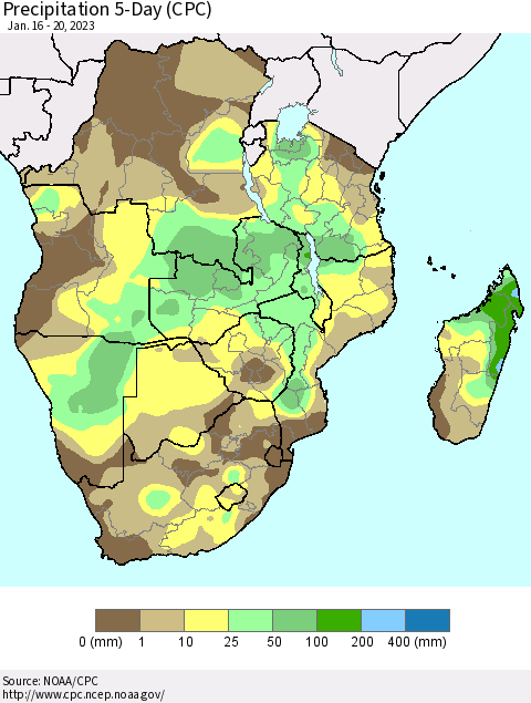 Southern Africa Precipitation 5-Day (CPC) Thematic Map For 1/16/2023 - 1/20/2023