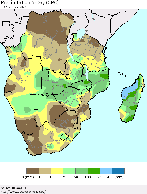 Southern Africa Precipitation 5-Day (CPC) Thematic Map For 1/21/2023 - 1/25/2023