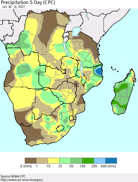 Southern Africa Precipitation 5-Day (CPC) Thematic Map For 1/26/2023 - 1/31/2023