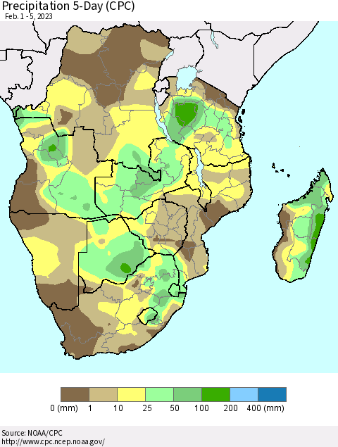 Southern Africa Precipitation 5-Day (CPC) Thematic Map For 2/1/2023 - 2/5/2023