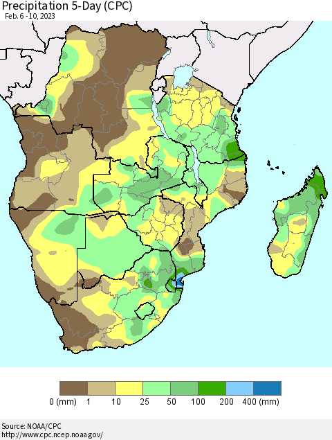 Southern Africa Precipitation 5-Day (CPC) Thematic Map For 2/6/2023 - 2/10/2023