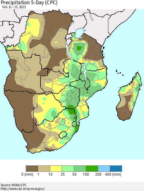 Southern Africa Precipitation 5-Day (CPC) Thematic Map For 2/11/2023 - 2/15/2023