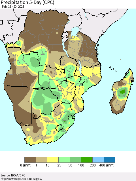 Southern Africa Precipitation 5-Day (CPC) Thematic Map For 2/16/2023 - 2/20/2023