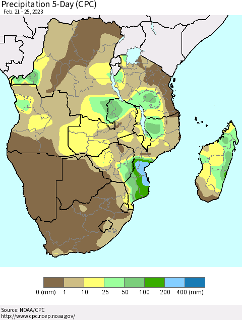 Southern Africa Precipitation 5-Day (CPC) Thematic Map For 2/21/2023 - 2/25/2023
