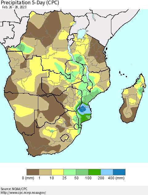 Southern Africa Precipitation 5-Day (CPC) Thematic Map For 2/26/2023 - 2/28/2023