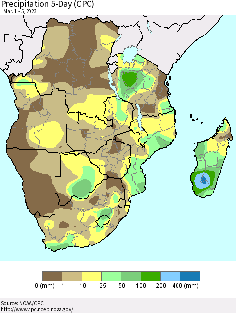Southern Africa Precipitation 5-Day (CPC) Thematic Map For 3/1/2023 - 3/5/2023