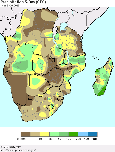 Southern Africa Precipitation 5-Day (CPC) Thematic Map For 3/6/2023 - 3/10/2023