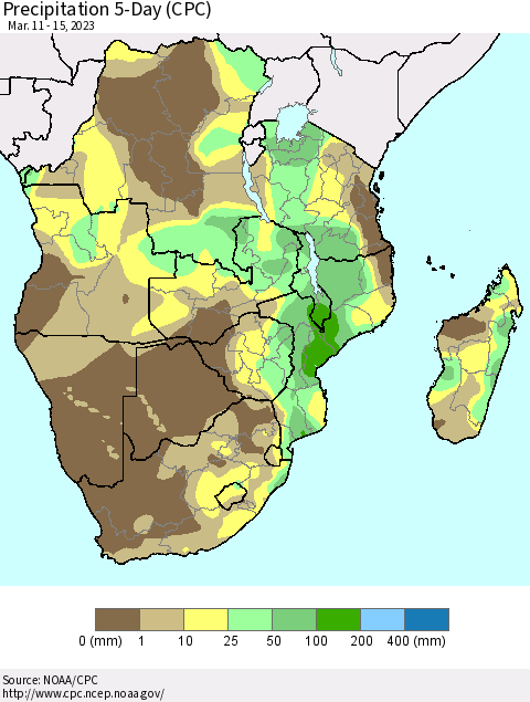 Southern Africa Precipitation 5-Day (CPC) Thematic Map For 3/11/2023 - 3/15/2023
