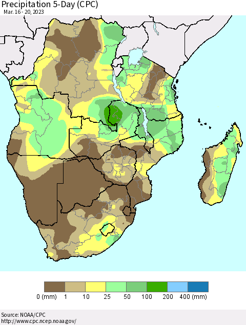 Southern Africa Precipitation 5-Day (CPC) Thematic Map For 3/16/2023 - 3/20/2023