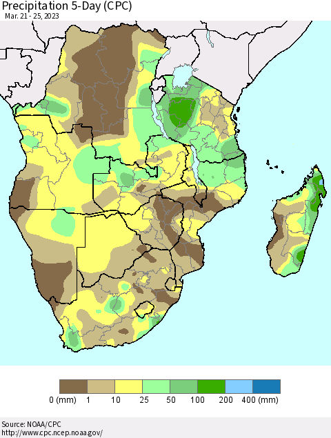 Southern Africa Precipitation 5-Day (CPC) Thematic Map For 3/21/2023 - 3/25/2023