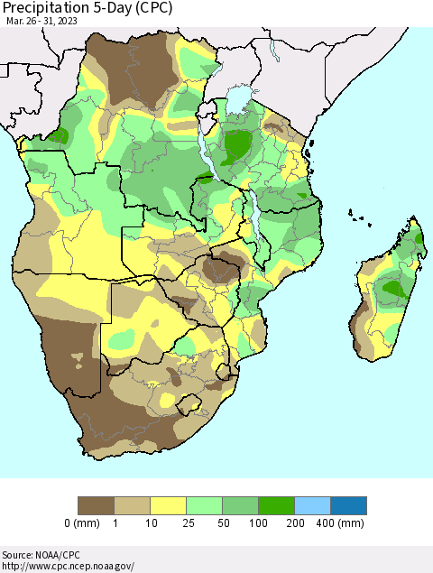 Southern Africa Precipitation 5-Day (CPC) Thematic Map For 3/26/2023 - 3/31/2023