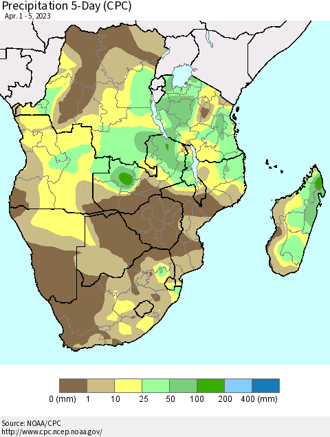 Southern Africa Precipitation 5-Day (CPC) Thematic Map For 4/1/2023 - 4/5/2023
