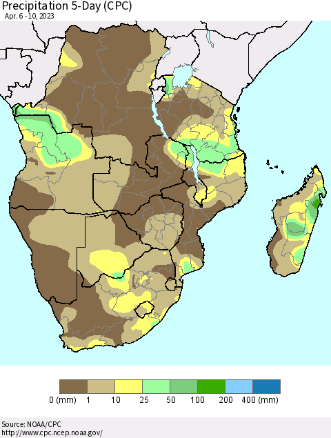 Southern Africa Precipitation 5-Day (CPC) Thematic Map For 4/6/2023 - 4/10/2023