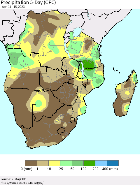 Southern Africa Precipitation 5-Day (CPC) Thematic Map For 4/11/2023 - 4/15/2023