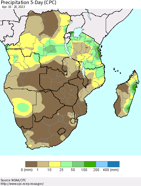 Southern Africa Precipitation 5-Day (CPC) Thematic Map For 4/16/2023 - 4/20/2023