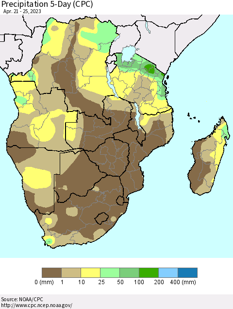 Southern Africa Precipitation 5-Day (CPC) Thematic Map For 4/21/2023 - 4/25/2023
