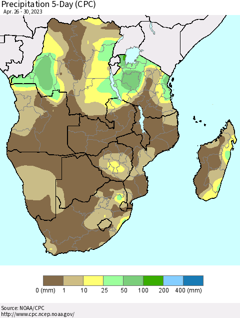 Southern Africa Precipitation 5-Day (CPC) Thematic Map For 4/26/2023 - 4/30/2023