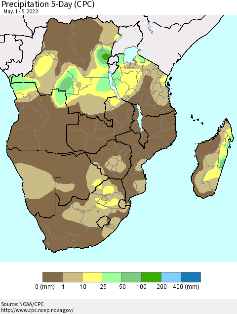 Southern Africa Precipitation 5-Day (CPC) Thematic Map For 5/1/2023 - 5/5/2023
