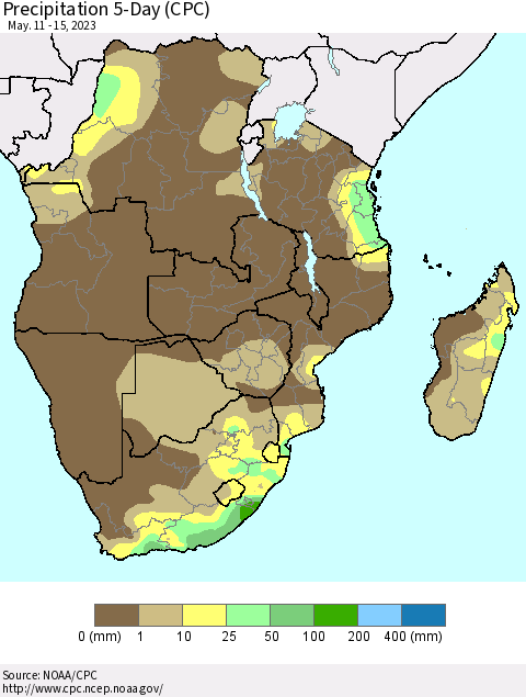 Southern Africa Precipitation 5-Day (CPC) Thematic Map For 5/11/2023 - 5/15/2023
