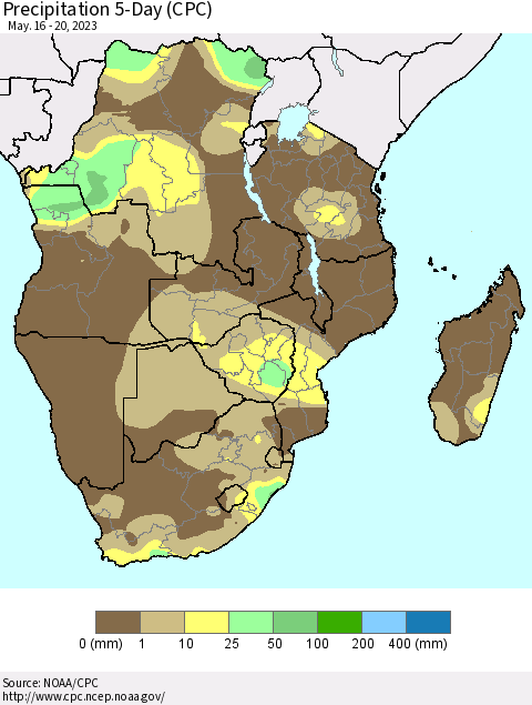 Southern Africa Precipitation 5-Day (CPC) Thematic Map For 5/16/2023 - 5/20/2023