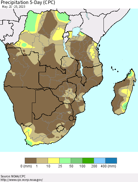 Southern Africa Precipitation 5-Day (CPC) Thematic Map For 5/21/2023 - 5/25/2023