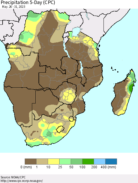 Southern Africa Precipitation 5-Day (CPC) Thematic Map For 5/26/2023 - 5/31/2023