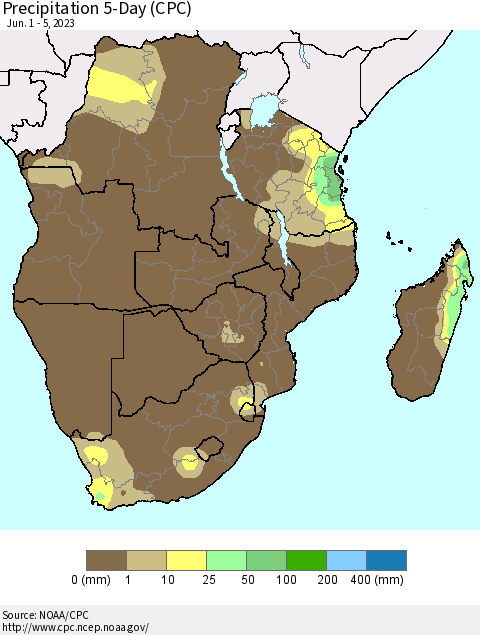 Southern Africa Precipitation 5-Day (CPC) Thematic Map For 6/1/2023 - 6/5/2023