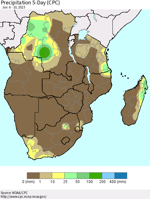 Southern Africa Precipitation 5-Day (CPC) Thematic Map For 6/6/2023 - 6/10/2023
