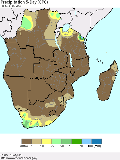 Southern Africa Precipitation 5-Day (CPC) Thematic Map For 6/11/2023 - 6/15/2023