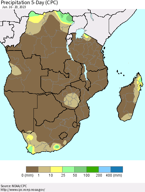 Southern Africa Precipitation 5-Day (CPC) Thematic Map For 6/16/2023 - 6/20/2023