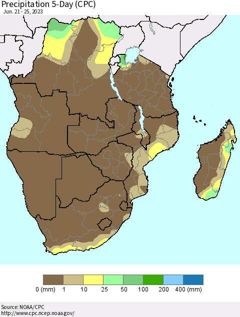 Southern Africa Precipitation 5-Day (CPC) Thematic Map For 6/21/2023 - 6/25/2023