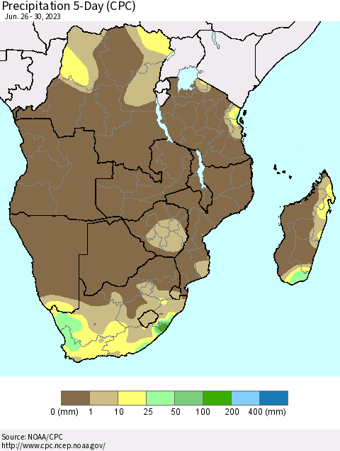 Southern Africa Precipitation 5-Day (CPC) Thematic Map For 6/26/2023 - 6/30/2023