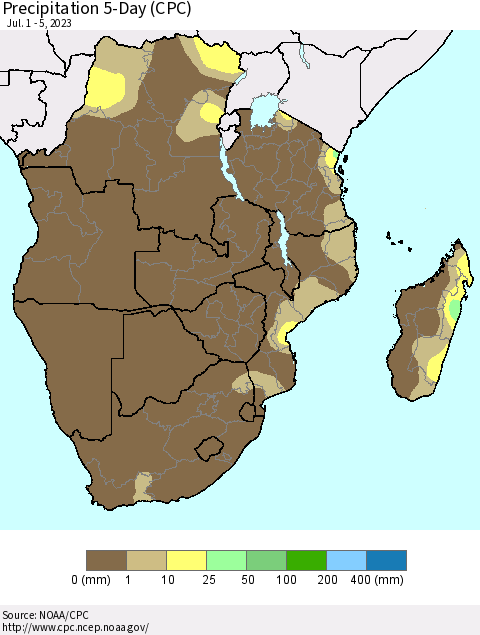 Southern Africa Precipitation 5-Day (CPC) Thematic Map For 7/1/2023 - 7/5/2023
