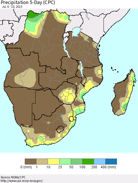 Southern Africa Precipitation 5-Day (CPC) Thematic Map For 7/6/2023 - 7/10/2023