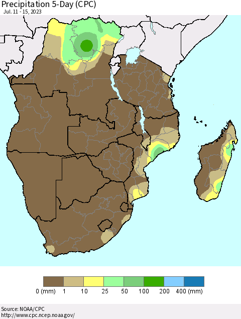 Southern Africa Precipitation 5-Day (CPC) Thematic Map For 7/11/2023 - 7/15/2023