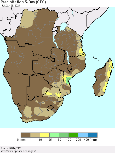 Southern Africa Precipitation 5-Day (CPC) Thematic Map For 7/21/2023 - 7/25/2023