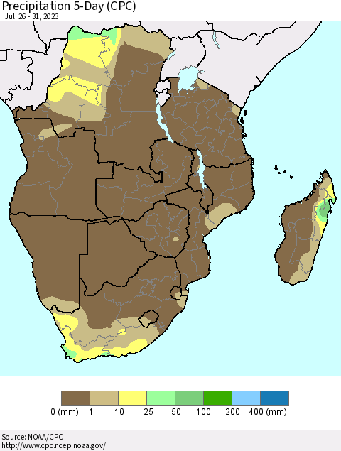 Southern Africa Precipitation 5-Day (CPC) Thematic Map For 7/26/2023 - 7/31/2023