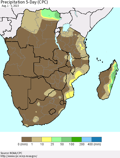 Southern Africa Precipitation 5-Day (CPC) Thematic Map For 8/1/2023 - 8/5/2023