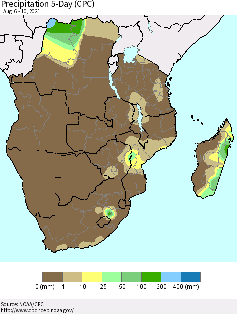 Southern Africa Precipitation 5-Day (CPC) Thematic Map For 8/6/2023 - 8/10/2023