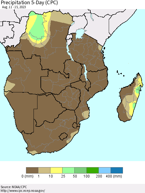 Southern Africa Precipitation 5-Day (CPC) Thematic Map For 8/11/2023 - 8/15/2023