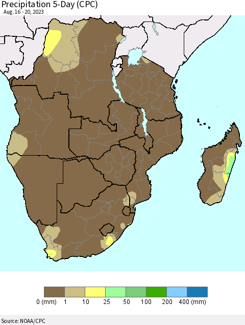 Southern Africa Precipitation 5-Day (CPC) Thematic Map For 8/16/2023 - 8/20/2023
