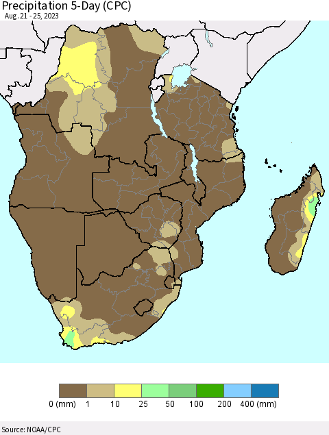 Southern Africa Precipitation 5-Day (CPC) Thematic Map For 8/21/2023 - 8/25/2023