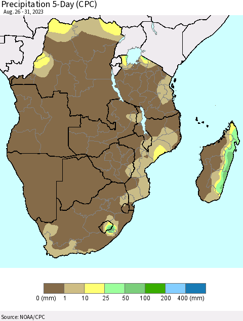 Southern Africa Precipitation 5-Day (CPC) Thematic Map For 8/26/2023 - 8/31/2023