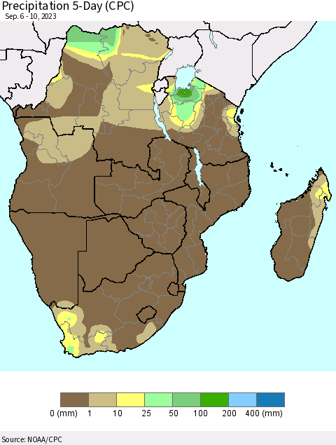 Southern Africa Precipitation 5-Day (CPC) Thematic Map For 9/6/2023 - 9/10/2023