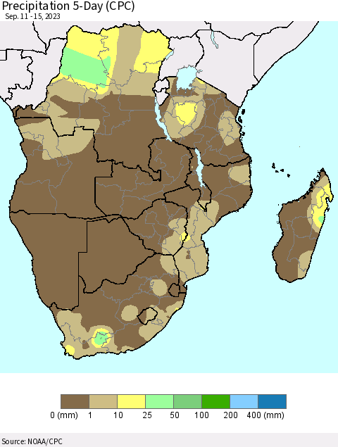 Southern Africa Precipitation 5-Day (CPC) Thematic Map For 9/11/2023 - 9/15/2023