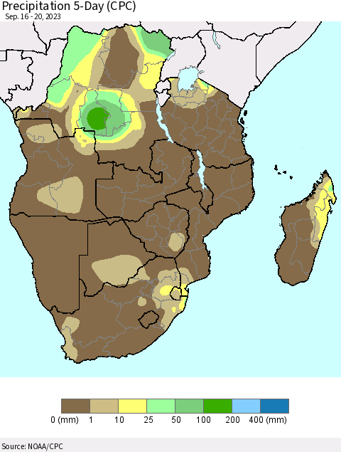 Southern Africa Precipitation 5-Day (CPC) Thematic Map For 9/16/2023 - 9/20/2023