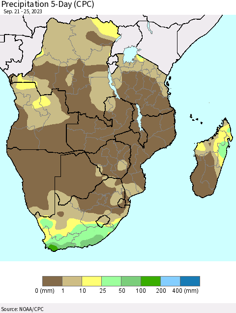 Southern Africa Precipitation 5-Day (CPC) Thematic Map For 9/21/2023 - 9/25/2023